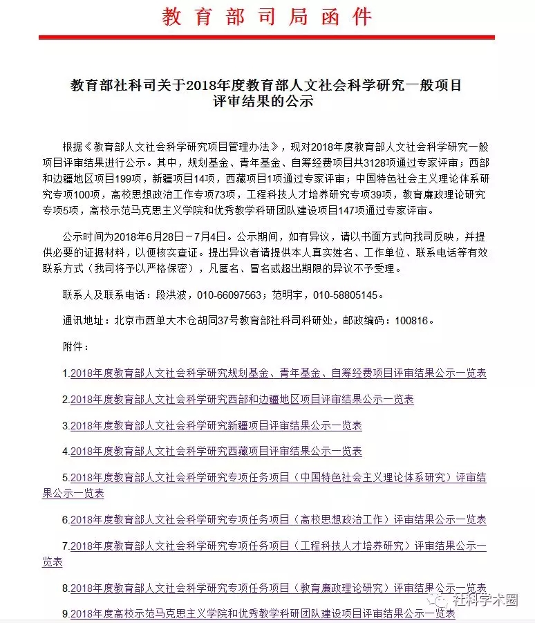 重磅!2018年度教育部人文社會科學研究一般項目評審結果公示!