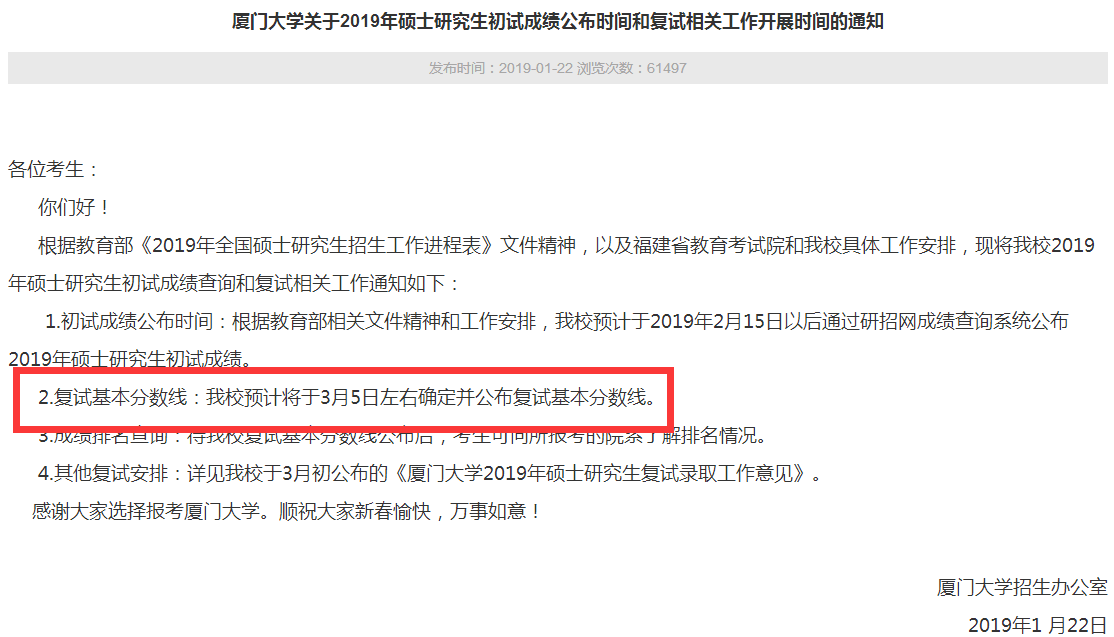 2019年廈門大學考研復試分數線